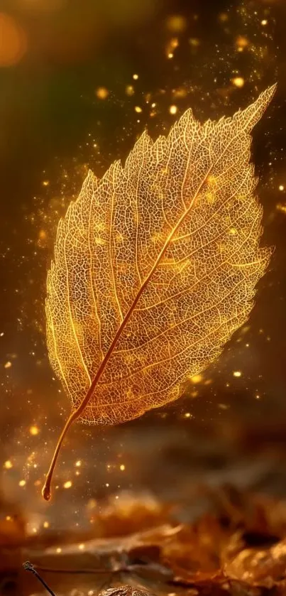 Golden leaf with sparkling effect in autumn background.
