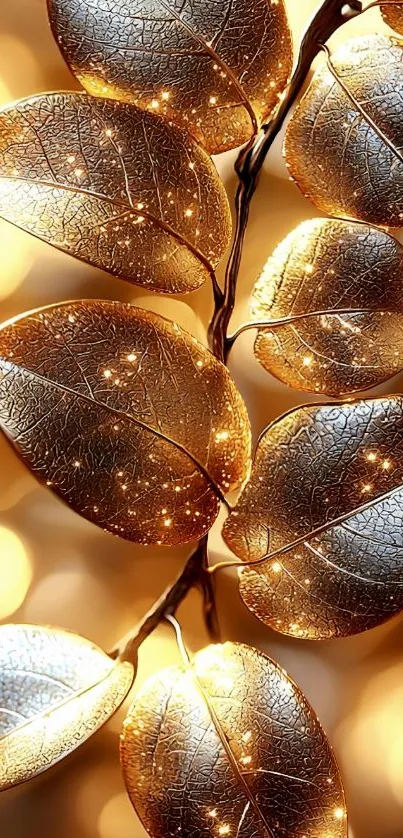 Golden leaves with sparkling effect on mobile wallpaper.