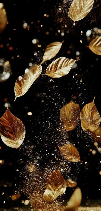 Floating golden leaves on a sparkling black background