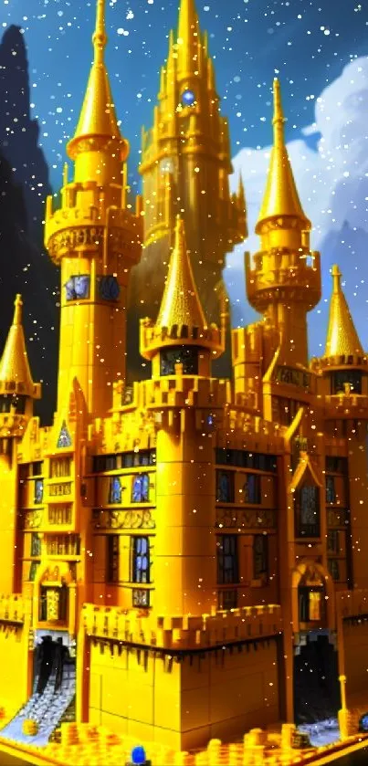 Golden LEGO castle with mountainous backdrop.