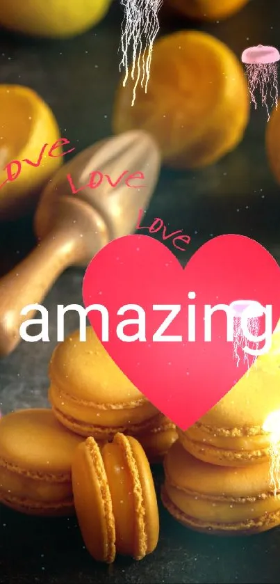 Yellow macarons and lemons with love text on mobile wallpaper.