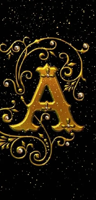 Golden letter A on black ornate wallpaper.