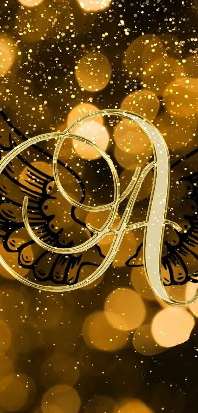 Golden letter 'A' with wings and bokeh design mobile wallpaper.