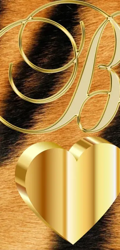 Golden letter and heart on animal print wallpaper.