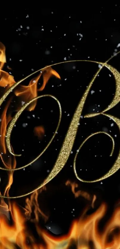 Mobile wallpaper of golden letter B surrounded by flames on a black background.