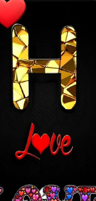 Golden letter H with love hearts wallpaper.