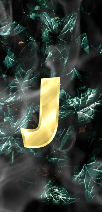 Golden letter J on dark green leafy background.