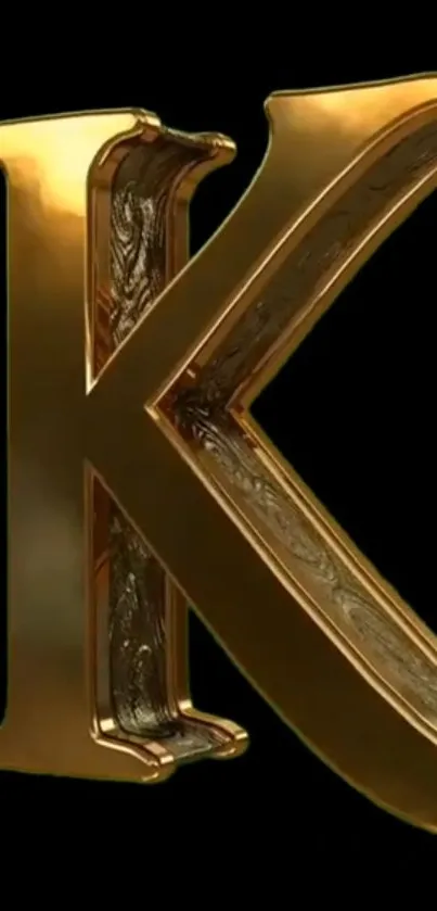 3D golden letter K with intricate design on black background.