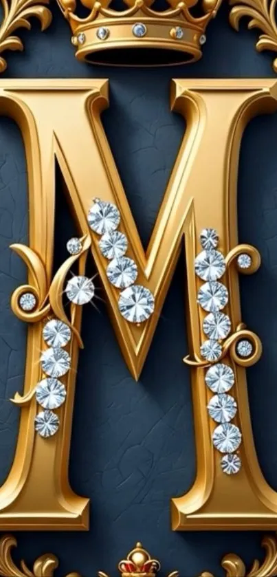 Golden letter M with diamonds against ornate background.