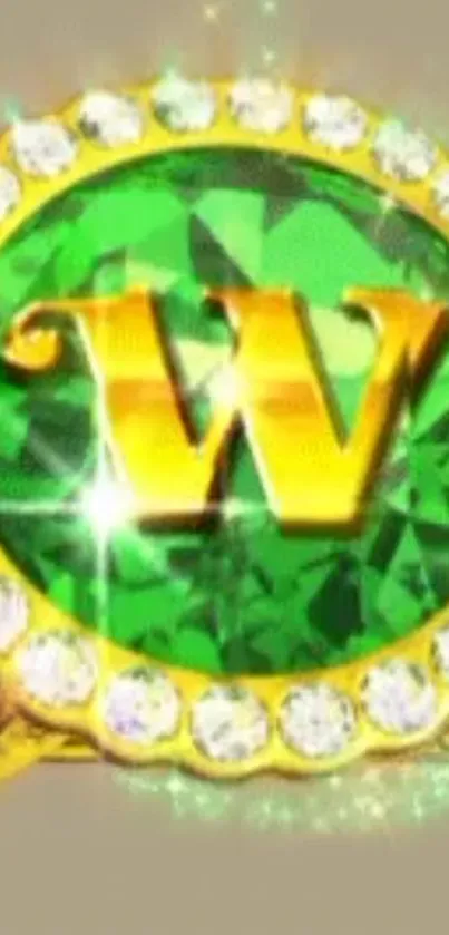 Golden 'W' on a vibrant green gem with sparkling border wallpaper.