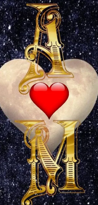 Golden letters and heart with galaxy background on mobile wallpaper.