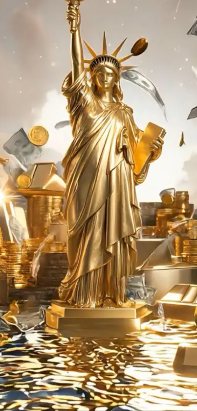 Golden Statue of Liberty amidst treasures.