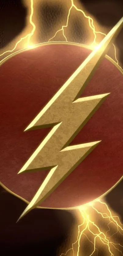 Golden lightning bolt emblem on red background with textured details.