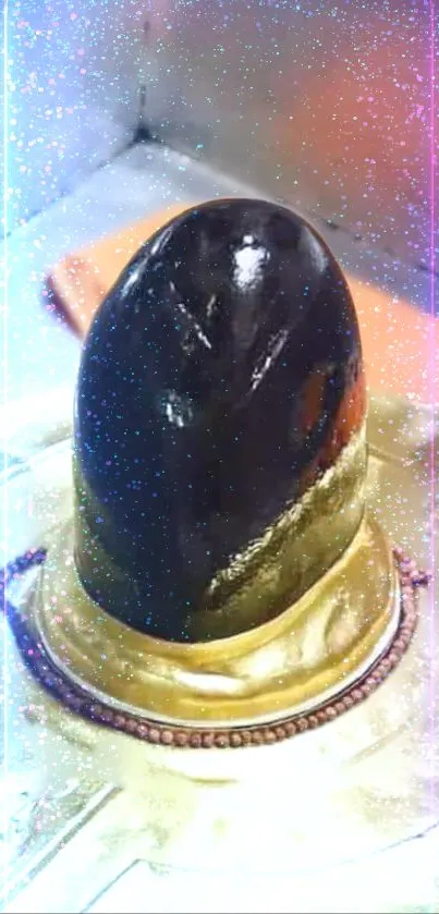 Golden lingam with cosmic aura and mystical shine.