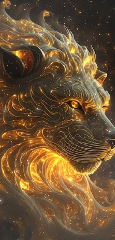 Golden lion with glowing mane artwork on dark background.