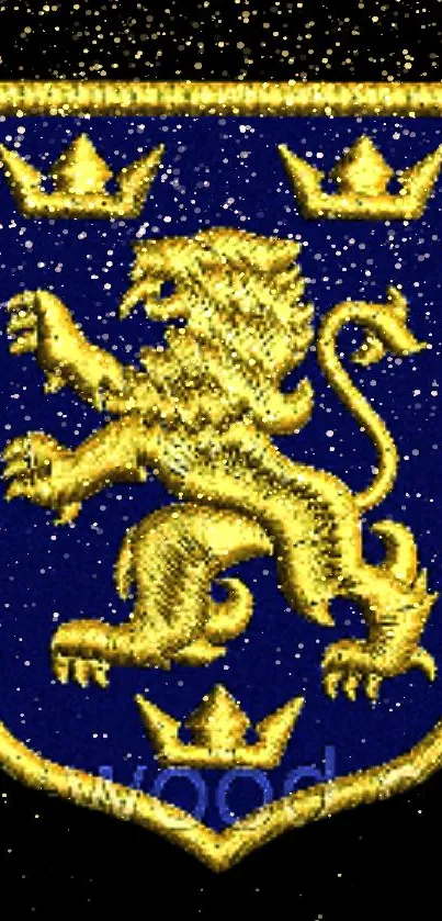 Golden lion crest embroidered on blue background.