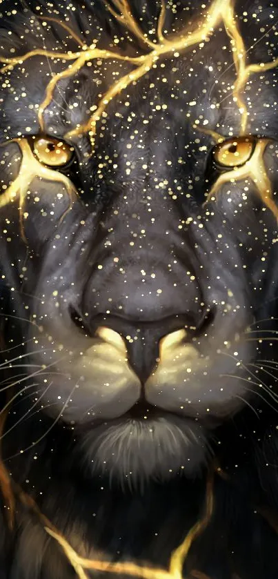 Artistic lion face with golden lightning accents as phone wallpaper.