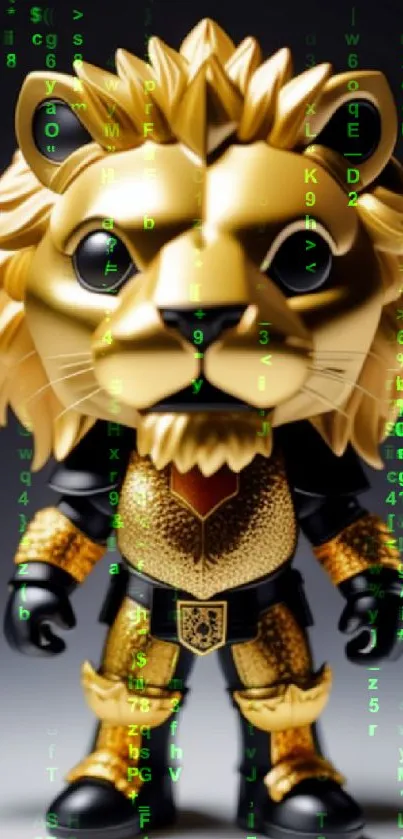 Golden lion figurine with black accents on a sleek wallpaper background.