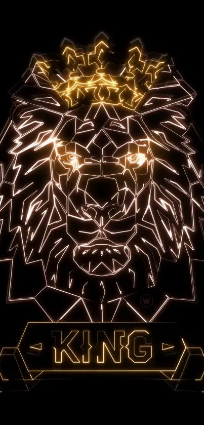 Golden lion with crown on black background, geometric style.