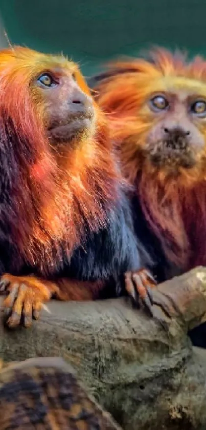 Golden lion tamarins resting on tree branches.