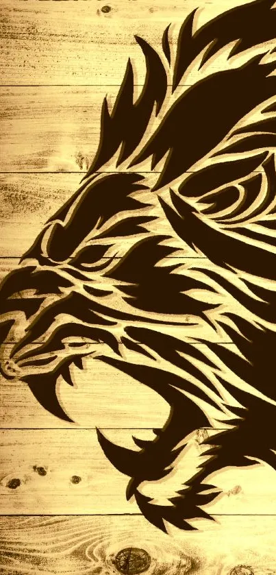 Golden lion artwork on wood texture background wallpaper.