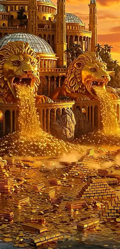 Golden lions pouring coins outside majestic fantasy palace wall