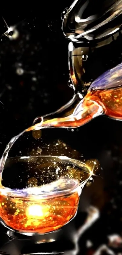 Dynamic golden liquid pouring into a glass with sparkling effect.