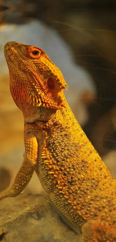 Golden lizard perched on a rock in natural lighting.