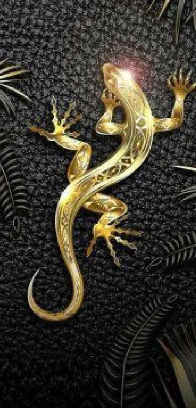 Golden lizard on a black textured background with elegant leaves.