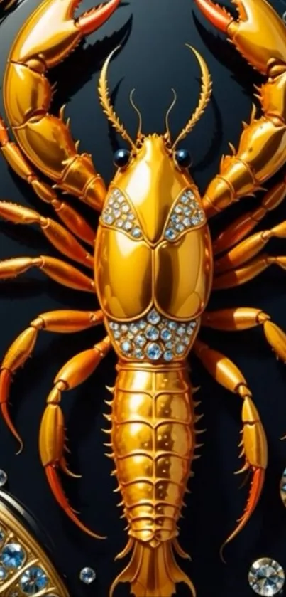 Golden lobster with jewels on black background.