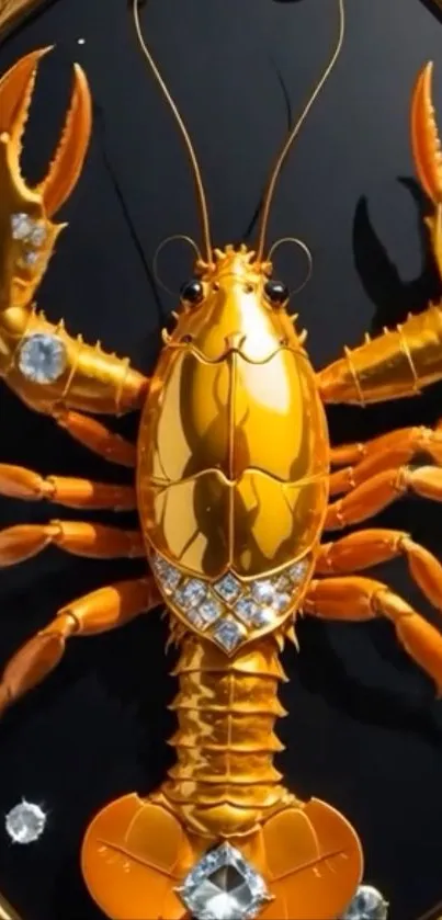 Golden lobster with jewels on black background.