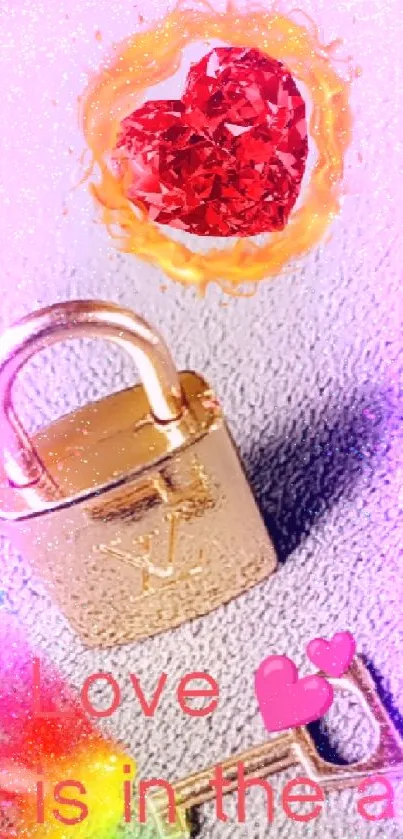 Golden lock with fiery heart design, love theme.