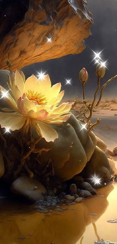 Golden lotus blooms in serene, ethereal setting.