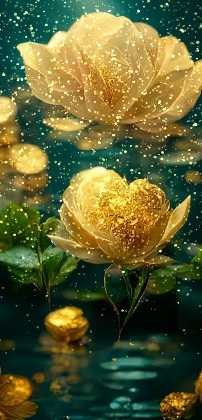 Golden lotus flowers floating on teal water.