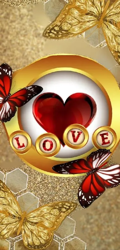 Golden wallpaper with red hearts and butterflies.