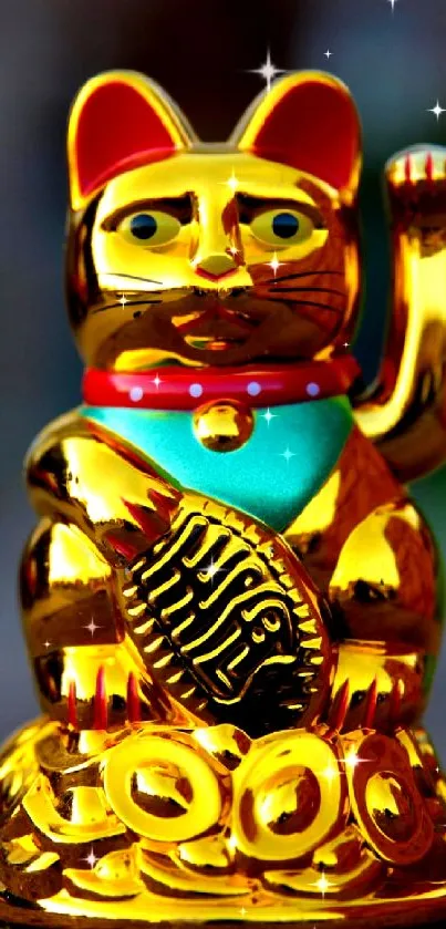 Golden Lucky Cat on grey background, symbolizing prosperity.