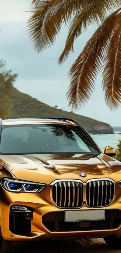Golden luxury car with palm trees on a serene beach.