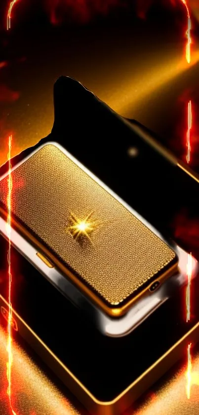 Golden smartphone with fiery artistic design.