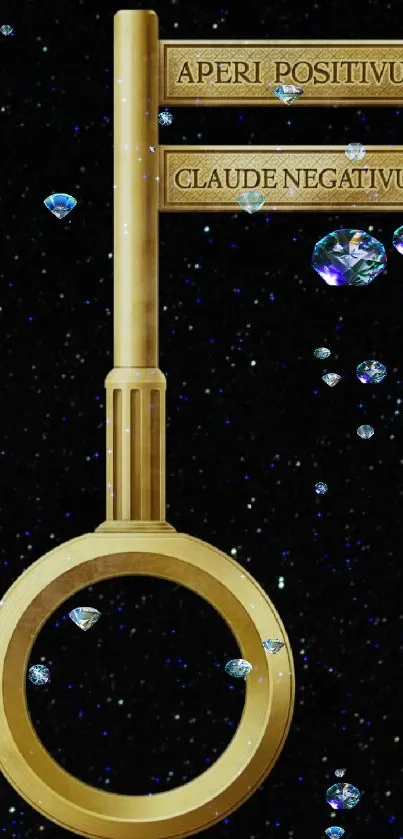 Golden key with blue diamonds on a dark starry background.