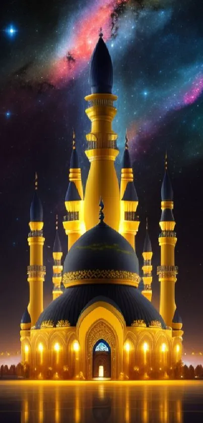 Majestic golden mosque with a galaxy sky background.