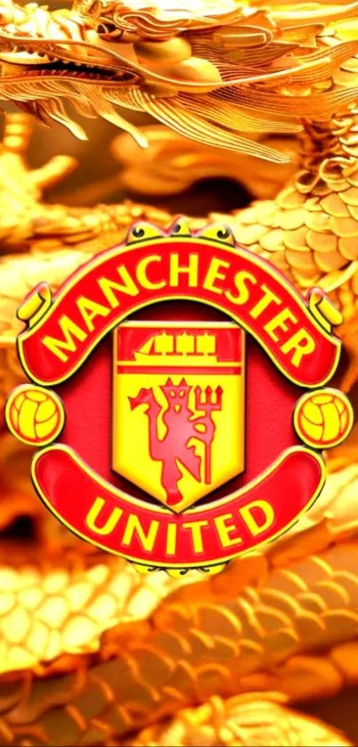 Manchester United logo with golden dragon background.