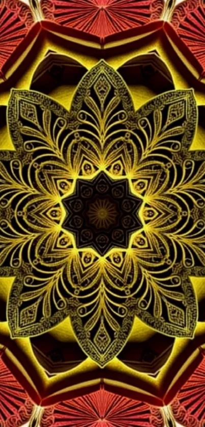 Golden mandala art wallpaper with intricate patterns and vibrant red accents.