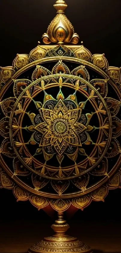 Intricate golden mandala design on a dark background for mobile wallpaper.