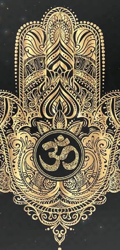 Golden Mandala Om symbol on black background wallpaper.