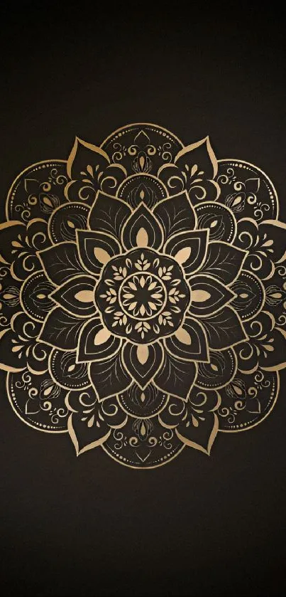 Elegant phone wallpaper with a golden mandala on a black background.