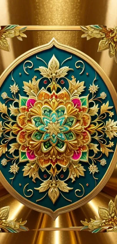Intricate golden mandala phone wallpaper with floral patterns on a rich background.