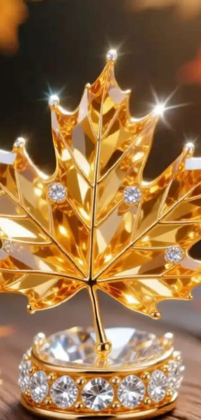 Golden maple leaf with diamonds on a wooden surface, glowing in autumn light.