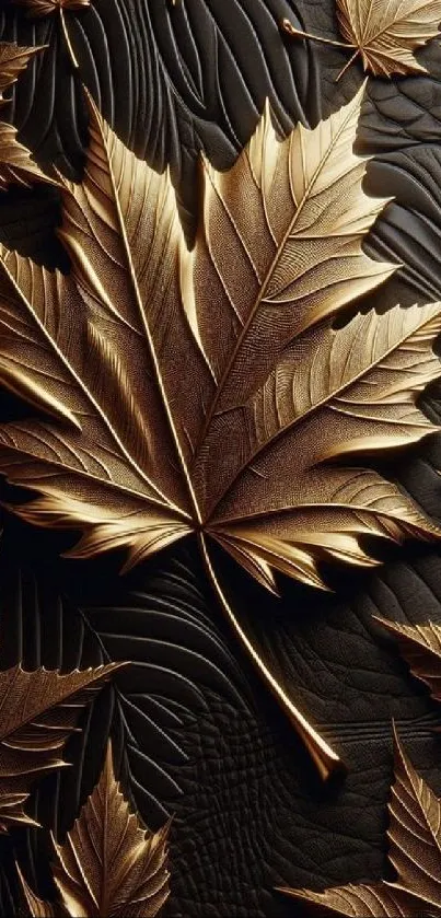 Golden maple leaf with intricate texture on dark background.