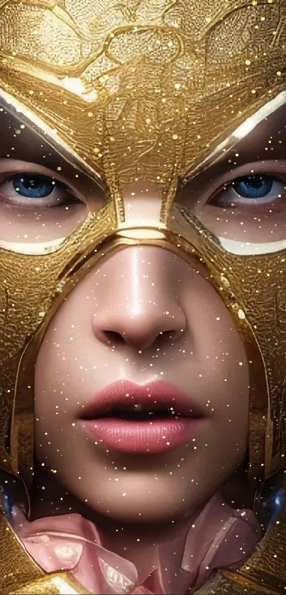 Golden mask with blue eyes on a digital art wallpaper.