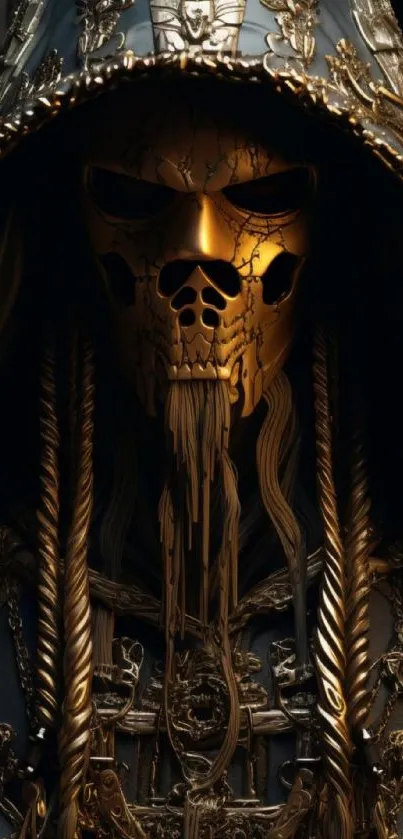 Intricately designed gold mask with dark background, perfect for fantasy lovers.